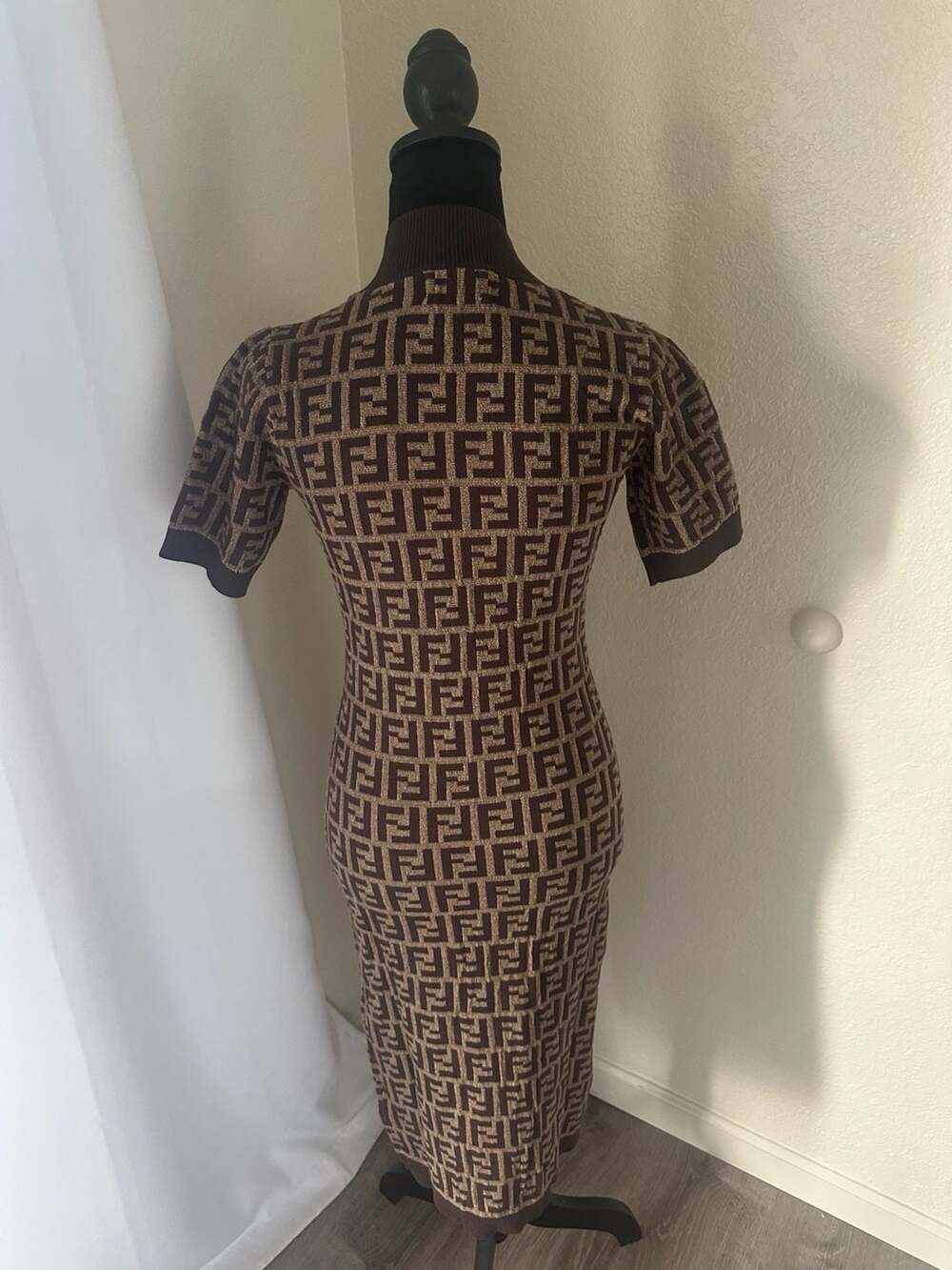 Fendi FF Monogram Knit Mock Neck Short Sleeve Midi Dress - Picture 4 of 10